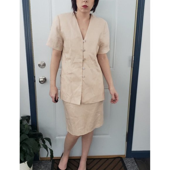 Vintage 90s‎ Pink Linen Skirt Suit - Picture 1 of 5